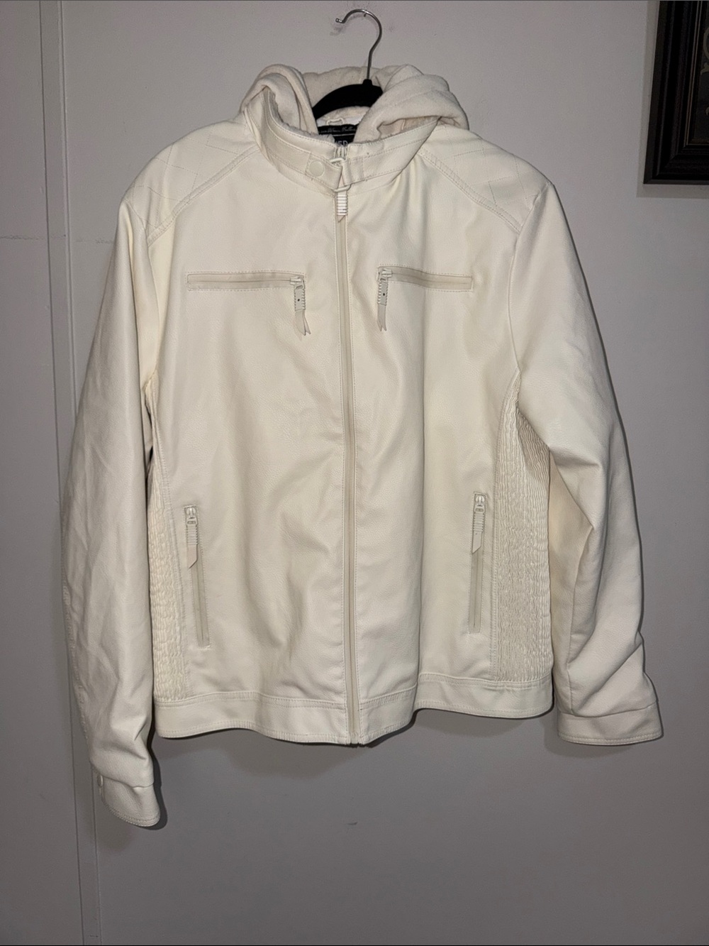 Cream Hooded Faux-Leather Zip Jacket for Men